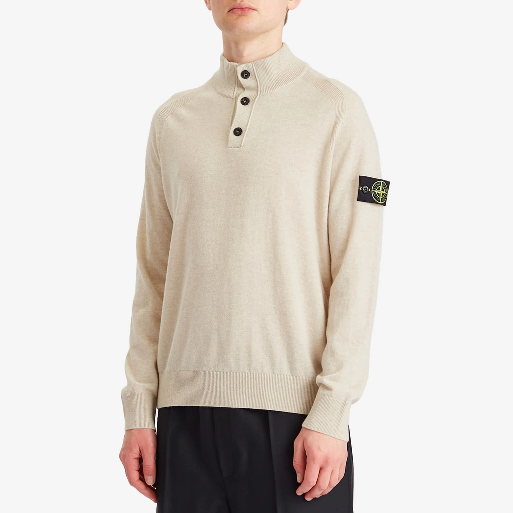 Stone Island Men's Geelong Wool Half Button Knit Desert Melange